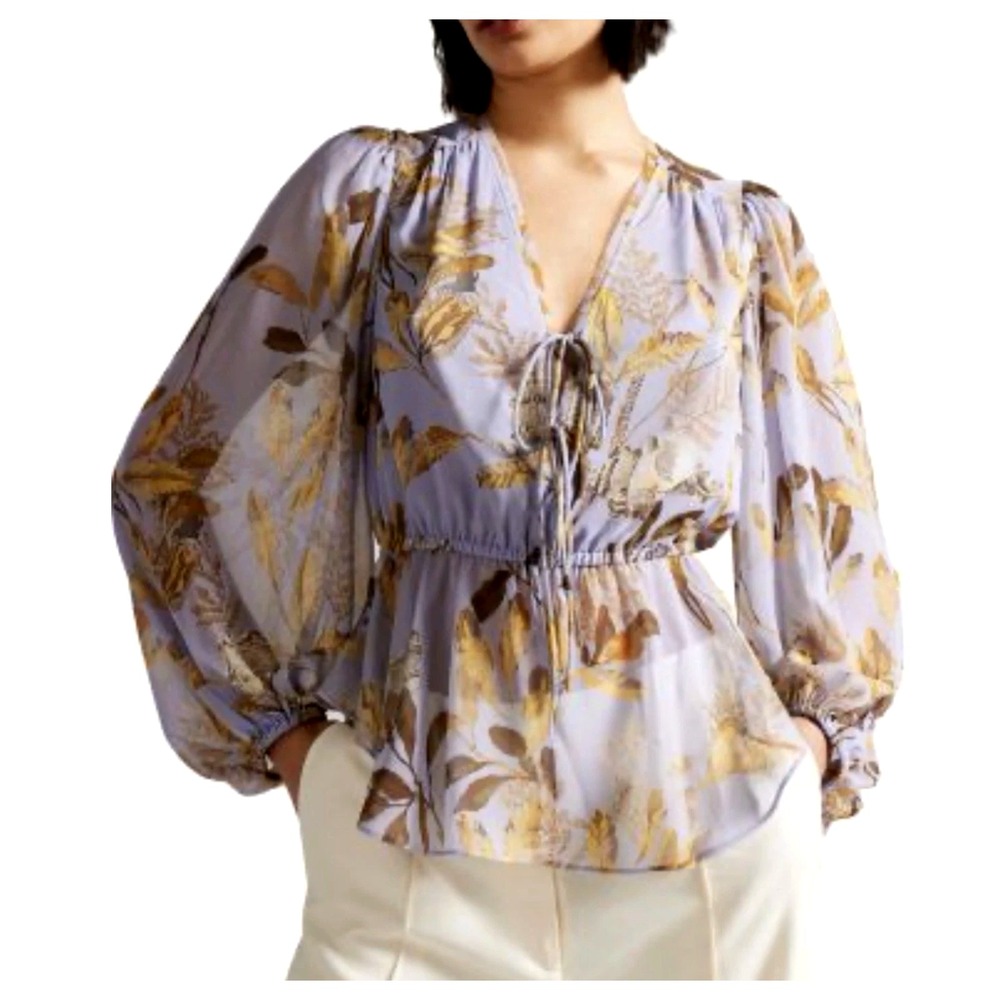 Fairy Ted Baker Harpier Floral Peplum Lilac Chiffon Top 3 Medium Ethereal Whimsy